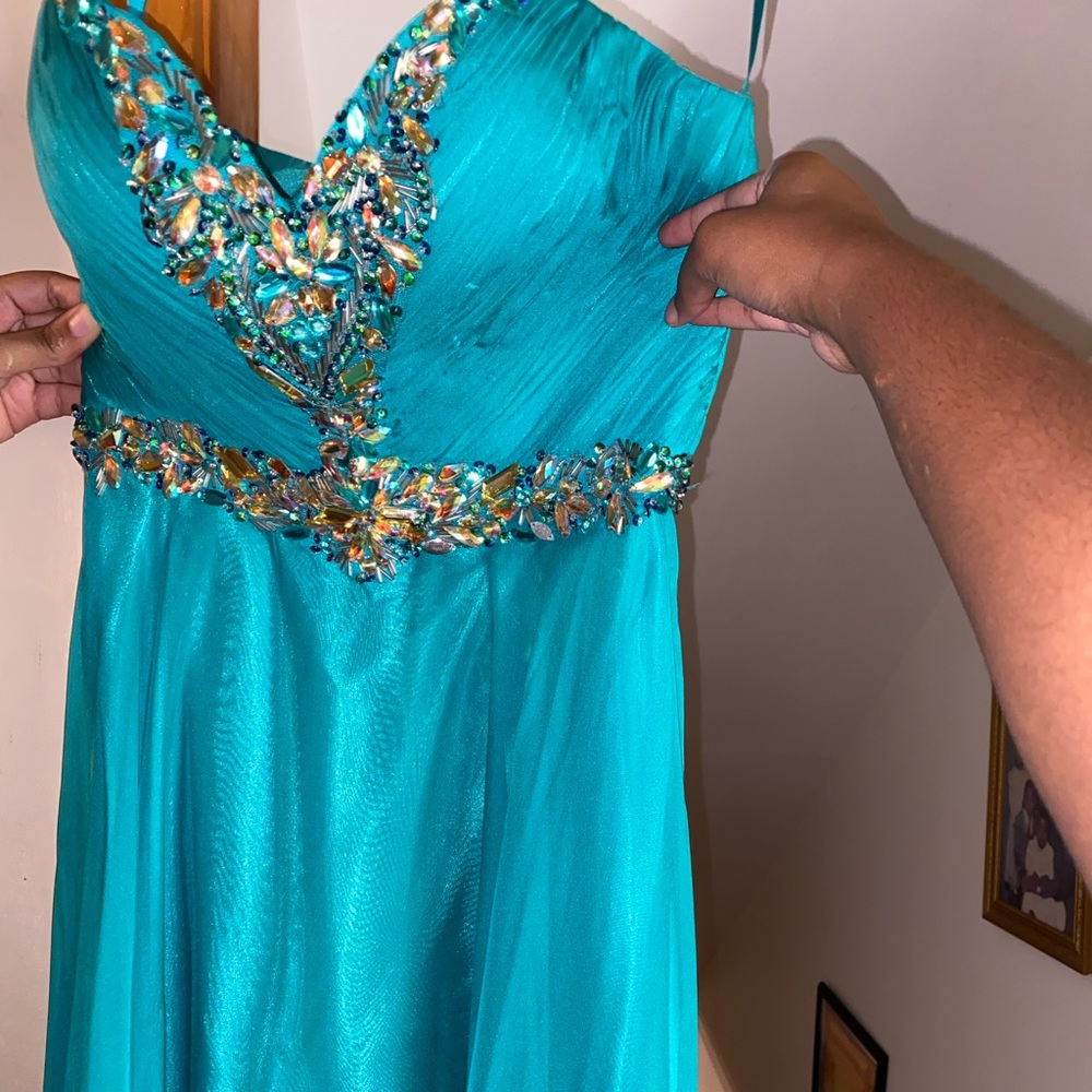 Teal sweetheart bedazzled neckline, long dress with shawl